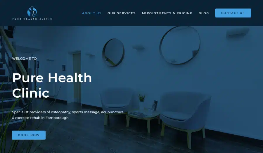 Pure Health Clinic – Web design for an osteopathy clinic in Farnborough Pure Health Clinic - Web design for an osteopathy clinic in Farnborough